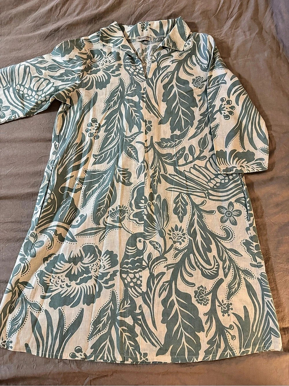 Terzo Millennio Italy Floral Linen Blend Dress in Green & Cream Size Large